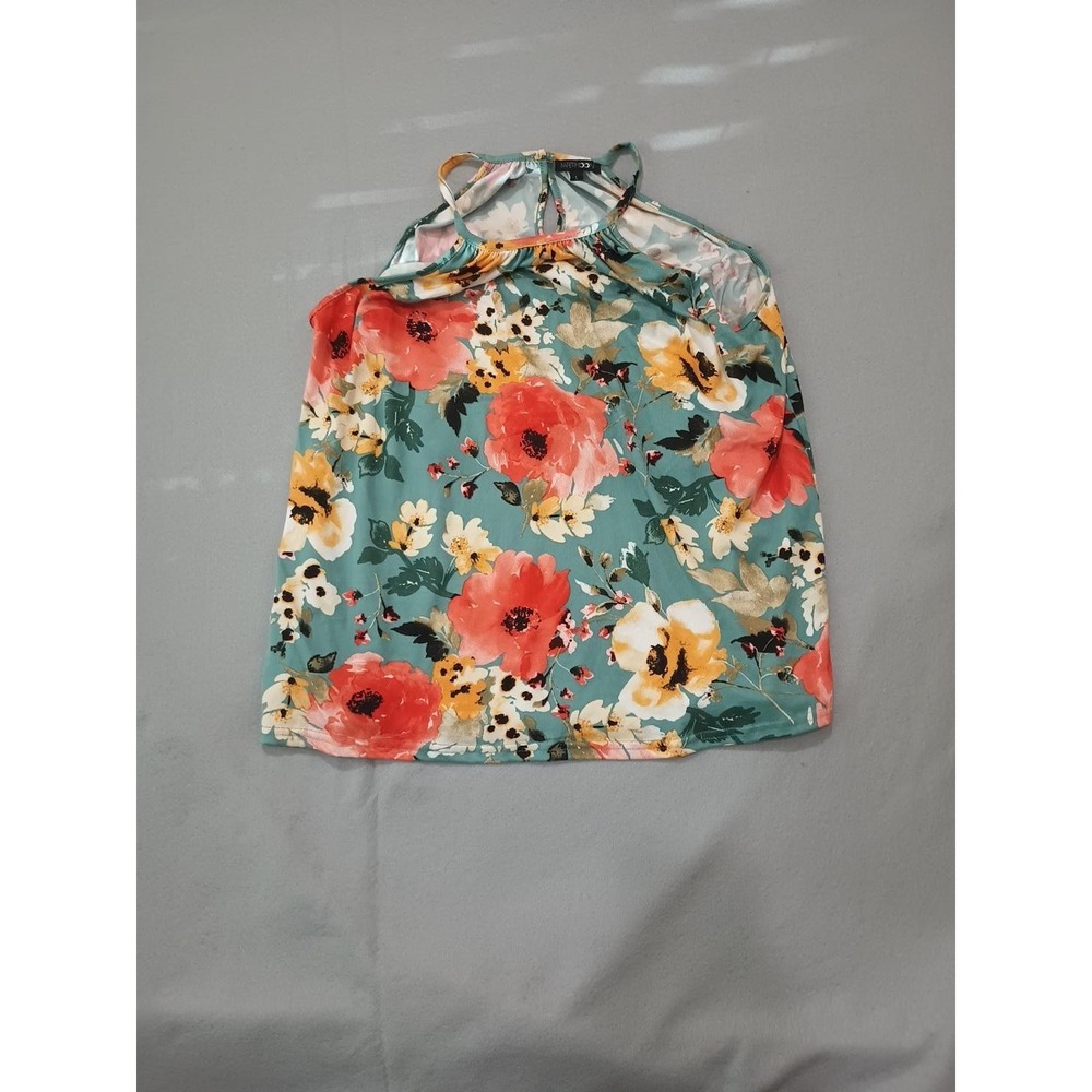 Papermoon Womens Floral Halter Cold Shoulder Blouse Teal Orange Large